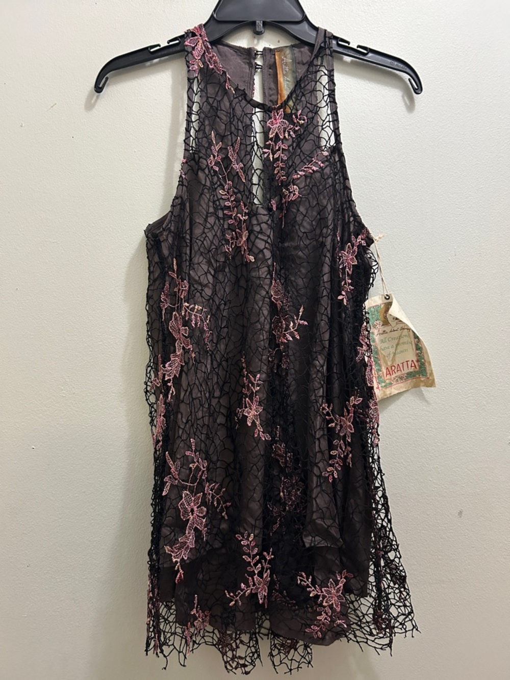 ARATTA Black Lace Floral Overlay Dress with Pink Embroidery